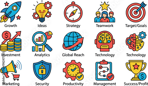 Business and marketing vector icon set with growth, strategy, analytics, investment, technology, productivity, management, and global corporate success concepts