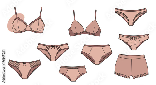 Comprehensive set of various women underwear styles including bras and panties in different shades of nude and brown on a white background.