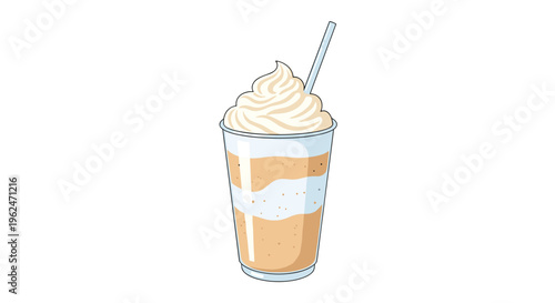 Delicious iced coffee or milkshake topped with a generous swirl of whipped cream and served in a transparent plastic cup with a straw.