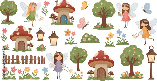 Whimsical fantasy garden scene with mushroom houses trees flowers and girls