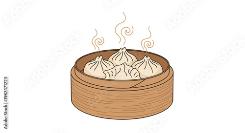 Traditional chinese dim sum dumplings steaming inside a classic bamboo steamer basket with swirly steam lines on a white background.