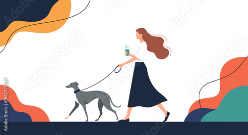 Elegant woman walking her graceful greyhound dog on a leash while holding a hot cup of coffee against a backdrop of abstract shapes.