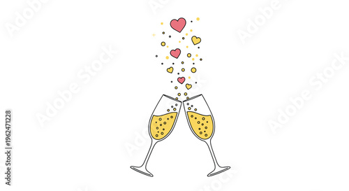 Two elegant champagne glasses clinking together in a toast with bubbly liquid and floating pink and yellow hearts on a white background.