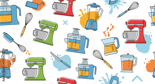 Dynamic seamless pattern of various kitchen appliances including stand mixers, blenders, whisks, and coffee makers in vibrant colors.