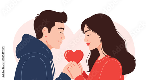 Romantic young couple facing each other and holding a red heart symbol together against a soft pink heart shaped background for love.