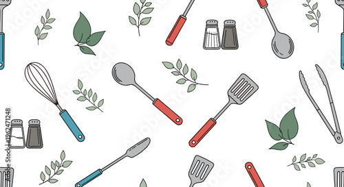 Practical seamless pattern of essential kitchen tools like spatulas, whisks, ladles, and salt shakers mixed with fresh green leaves.