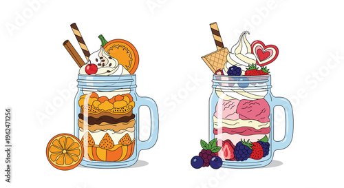 Pair of decadent dessert milkshakes in mason jars topped with whipped cream, fruit, cookies, and chocolate sticks for a sweet treat.
