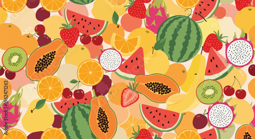 Vibrant seamless pattern filled with various tropical fruits like watermelon slices, papaya, dragon fruit, kiwi, and strawberries.