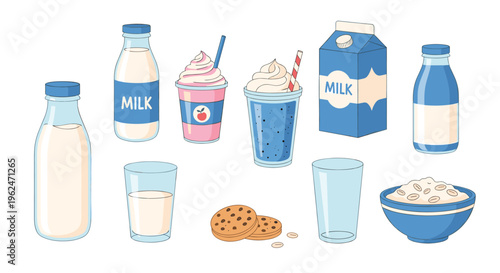 Assortment of various dairy products including milk bottles, cartons, glasses of milk, cookies, and a bowl of cereal on a white background.