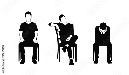 Silhouette of three men sitting in chairs with different postures conveying emotions and attitudes through body language in a simple black and white illustration