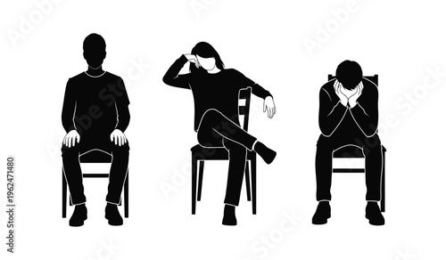 Three silhouettes sitting on chairs in different poses conveying emotions through body language silhouette