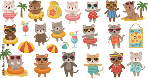 Cute cartoon cats and dogs in summer beachwear and sunglasses having fun in tropical vacation setting with palm trees