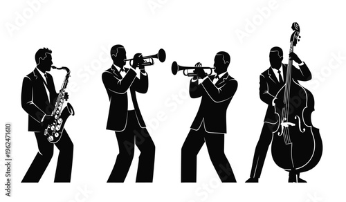 Silhouette of four jazz musicians playing saxophone trumpets and double bass