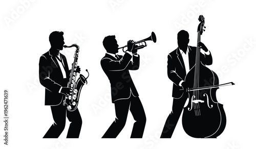 Silhouette of three jazz musicians playing saxophone trumpet and double bass