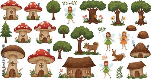 Whimsical forest scene with mushroom houses trees animals and fairies in a fantasy natural setting with green foliage