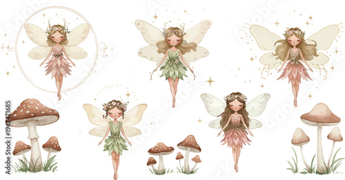 Whimsical illustration of fairies and mushrooms in a fantasy forest setting with flowers and foliage
