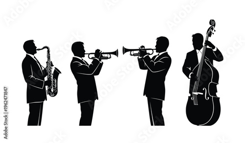 Silhouette of four jazz musicians playing saxophone trumpets and double bass