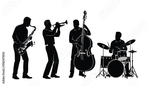 Silhouette of a jazz band performing with saxophone trumpet double bass and drums