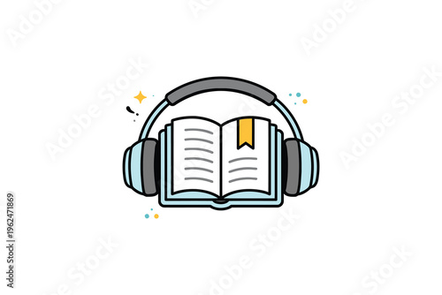 Creative illustration of an open book with headphones symbolizing audiobooks or learning