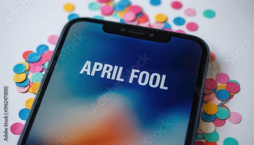 Smartphone with april fool text on screen surrounded by colorful confetti