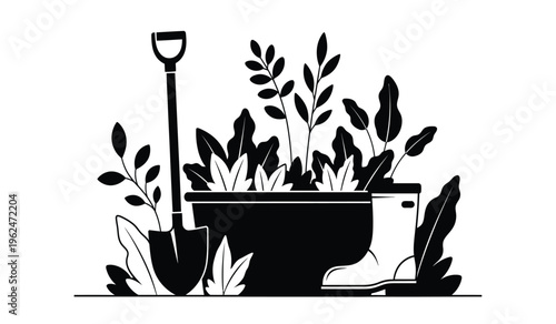 Silhouette of a shovel and boot next to a potted plant with foliage gardening tools and footwear in a garden setting silhouette