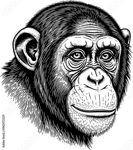 Chimpanzee Head Side View Engraving Line Art for Wildlife Logo, Mascot Design, Tattoo, T-Shirt Print and Vintage Illustration