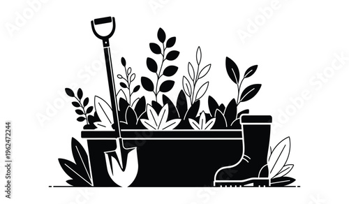 Silhouette of a garden planter with a shovel and boot surrounded by plants and foliage in a black and white illustration silhouette