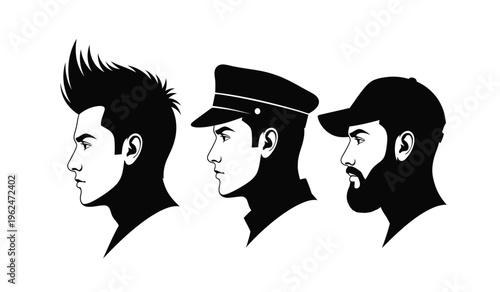 Silhouette portraits of three men with distinctive hairstyles and headwear