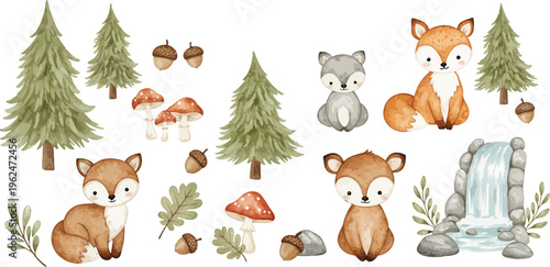Whimsical forest creatures and trees with mushrooms and plants in a watercolor illustration for kids or nature lovers