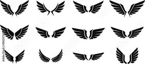 Winged emblem silhouettes, stylized wings vector, freedom symbol design, shield insignia artwork, decorative feather graphics, power protection illustration, flat vector illustration