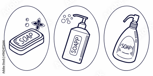 Illustration of various soap products including bar soap, liquid soap, and soap dispenser