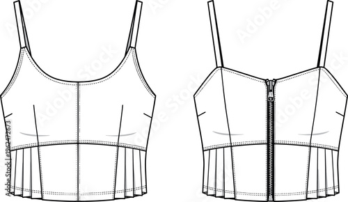 Technical Fashion Flat Sketch of Women's Sleeveless Crop Top with Front Zipper Spaghetti Straps and Pleated Hem Detail Vector Illustration