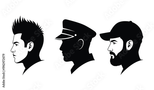 Three black silhouettes of men with different hairstyles and headwear