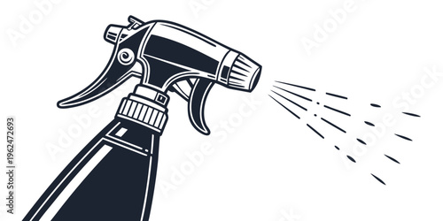 A black and white illustration of a spray bottle releasing a stream of liquid