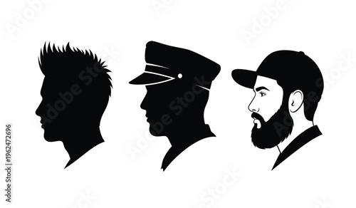 Silhouette of three men's head in profile one with mohawk one in military hat and one with baseball cap and beard silhouette