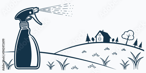 A spray bottle releasing liquid over a field with houses in the background.