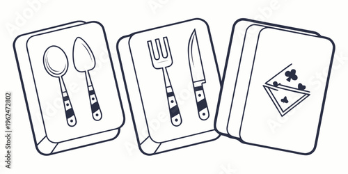 Set of three utensil cards featuring a spoon, fork, and knife