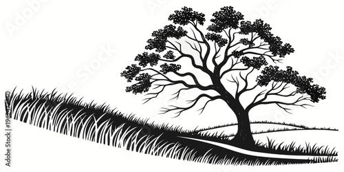 A majestic tree standing tall on a hillside with a clear sky in the background