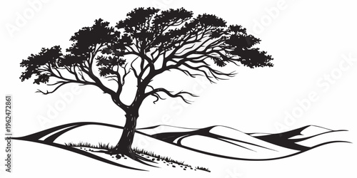 A solitary tree standing tall on a gently rolling landscape under a clear sky