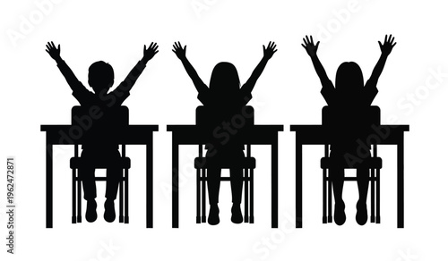 Three students sitting at desks with hands raised in a classroom setting silhouette