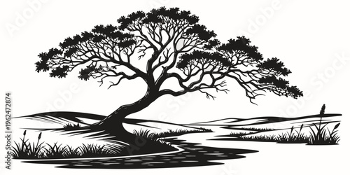 A solitary tree stands tall on a rocky shore with a serene ocean view