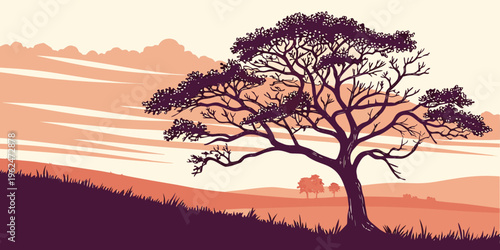 A solitary tree stands tall against a vibrant sunset sky with rolling hills in the background