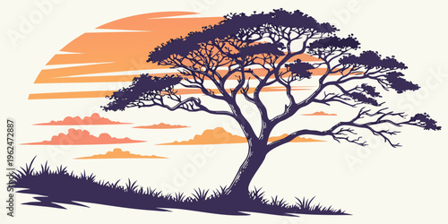 A serene silhouette of a tree against a vibrant sunset sky