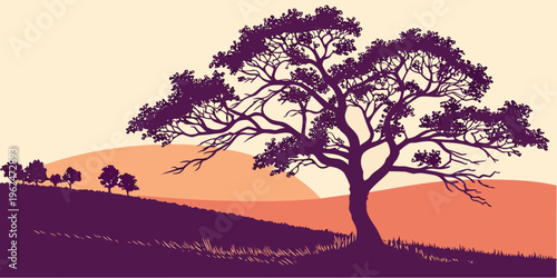 A majestic tree stands tall on a hill, overlooking a herd of animals grazing below.