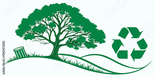 A vibrant green tree with a recycling symbol representing environmental sustainability