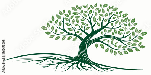 A majestic tree with lush green leaves and intricate roots spreading out beneath it.