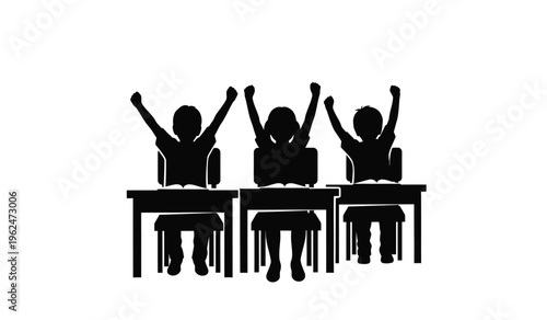 Three students sitting at desks with hands raised in a classroom setting silhouette