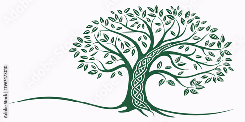 A large, intricate tree with a thick trunk and lush green leaves.