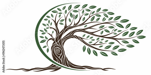 A majestic tree with a curved trunk and lush green leaves growing from the ground