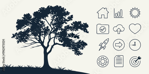 Tree surrounded by icons representing environmental benefits and sustainability